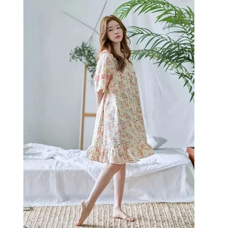 Pajamas Female Summer Cotton High Appearance Level Floral Nightdress Lazy Wind Top Grade Western Style Lace Wear Loungewear