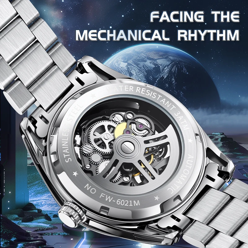Mark Fairwhale 6021 Luxury Steel Strip Hollow Mechanical Watch Automatic Machine Core Tourbillon Waterproof Luminous Watch Men