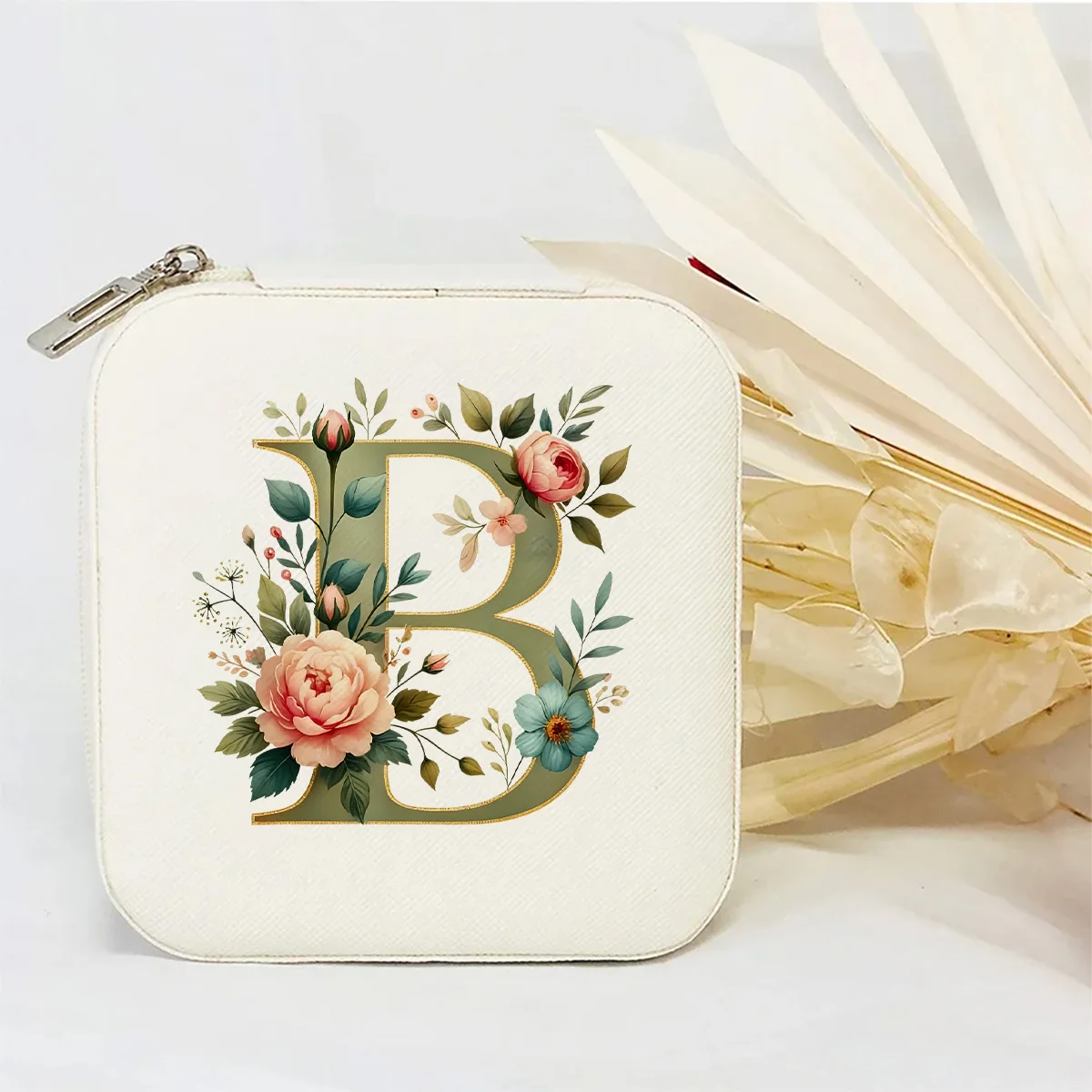 Personalized Floral First Letter Jewelry Box, Mini Portable Travel Storage Box, Ring, Earring, and Necklace Zipper Storage Box