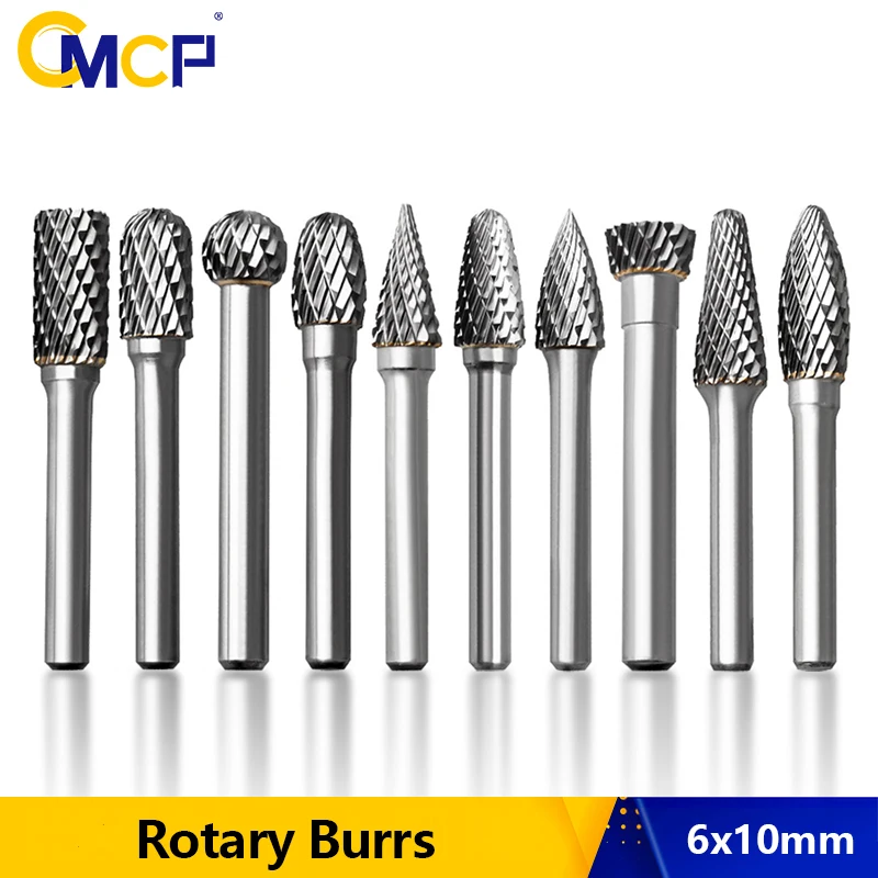 CMCP 6mm Shank Tungsten Carbide Rotary Burr 10mm Diameter Double Cut Rotary File For Dremel Rotary Aeecssories Tools