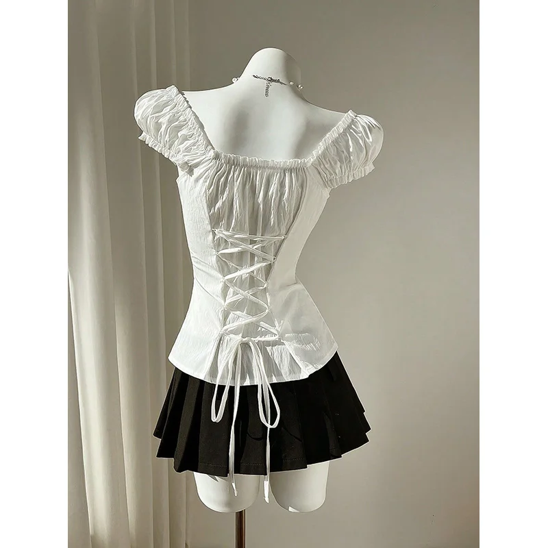 Benuynffy Square Neck Puff Sleeve White Shirts Women Summer Sweet Vintage Back Lace-up Top Chic Frill Trim Button Down Blouses