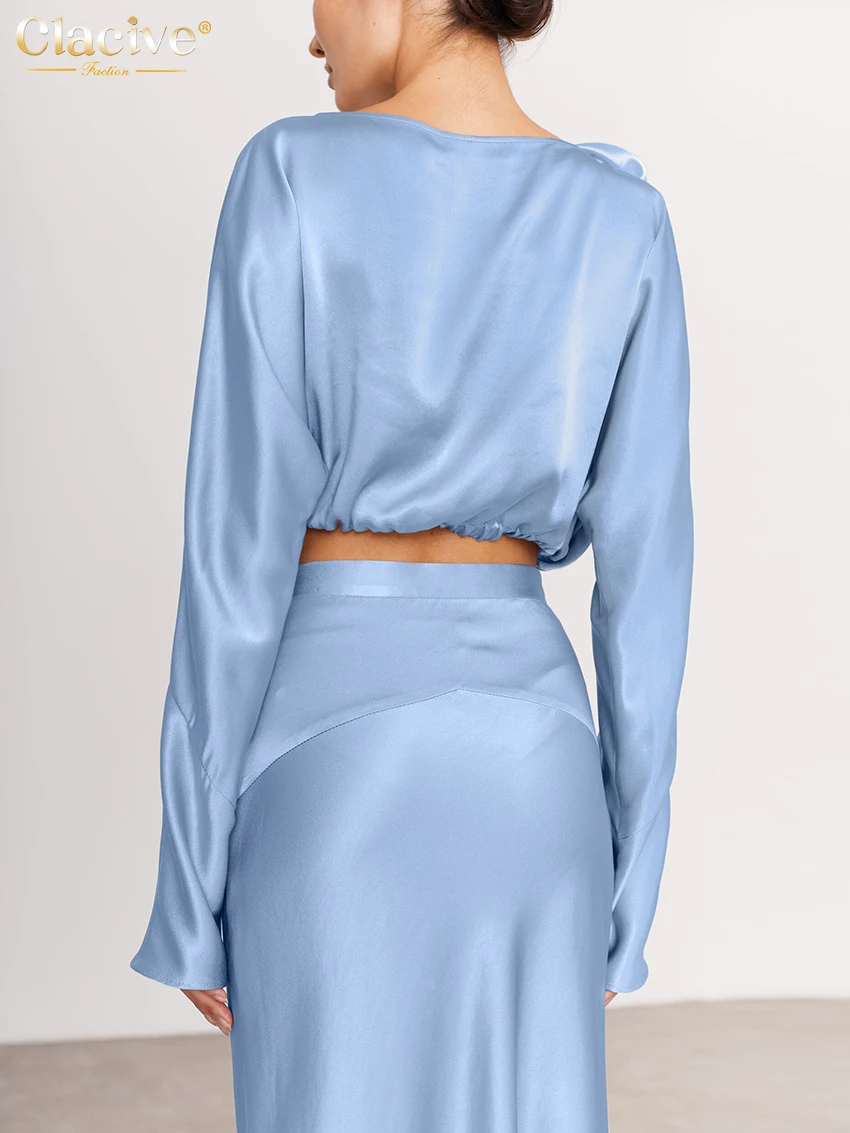 Clacive Fashion Loose Blue Satin Women's Two Pieces Set 2025 Elegant Long Sleeve Shirt With High Waist Ankle Length Skirt Set