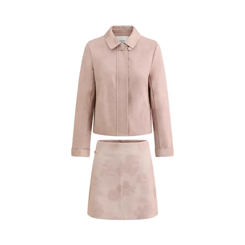 Women Faux Leather Jacket and High-Waist A-Line Skirt Set Slim Fit Turn Down Collar Outfit Chic Spring Two-Piece Matching Set