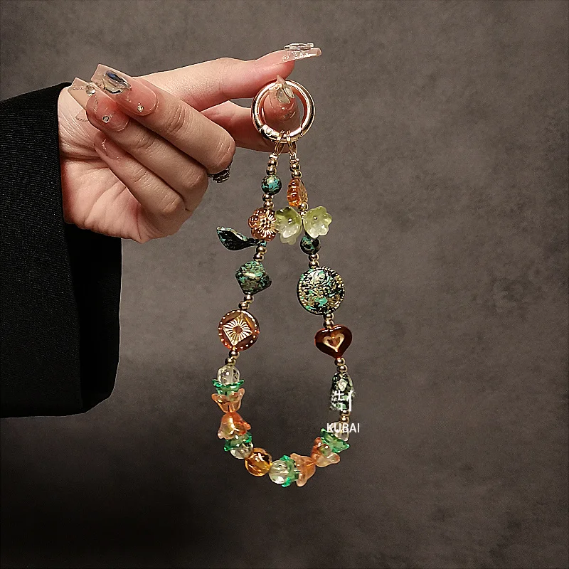 Phone Charms Keychain Wristlet - Colorful Faceted Beads with Green Leaf & Brown Heart Charms, Short Lanyard for Phone Case, Car Keys, or Bag Accessory - Vintage Chinese Style Beaded Wristlet Keychain