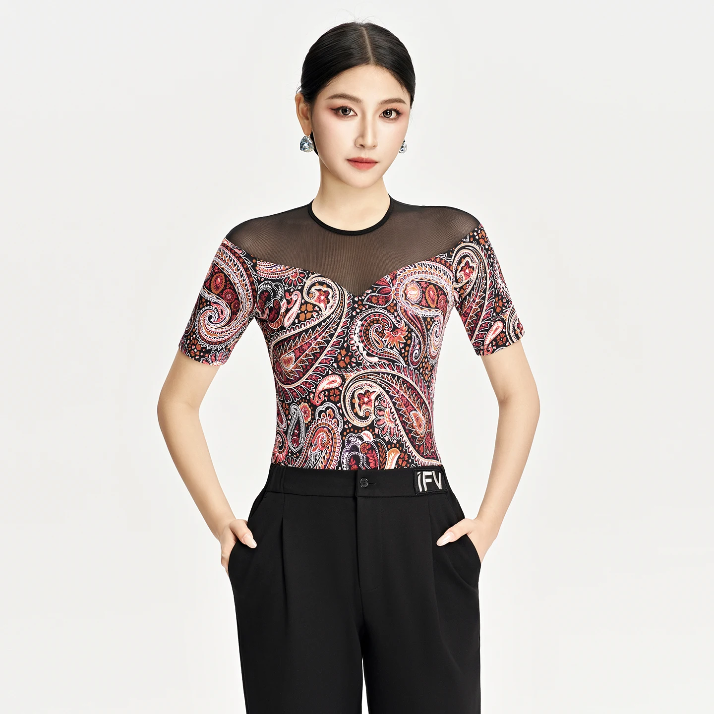 Topy do tańca latynoamerykańskiego dla kobiet z siateczki z krótkim rękawem i nadrukiem, body do ćwiczeń tańca latynoamerykańskiego, stroje do tańca towarzyskiego DN22371