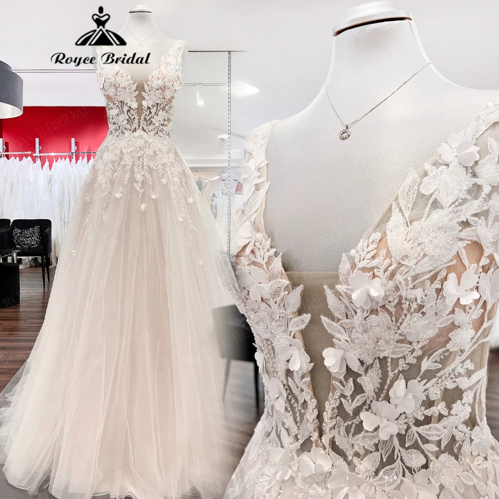 Sexy Beaded Applique Elegant A Line Wedding Dresses 2027 V Neck Flowers Lace Beach Bridal Gown Customized vestido de novia