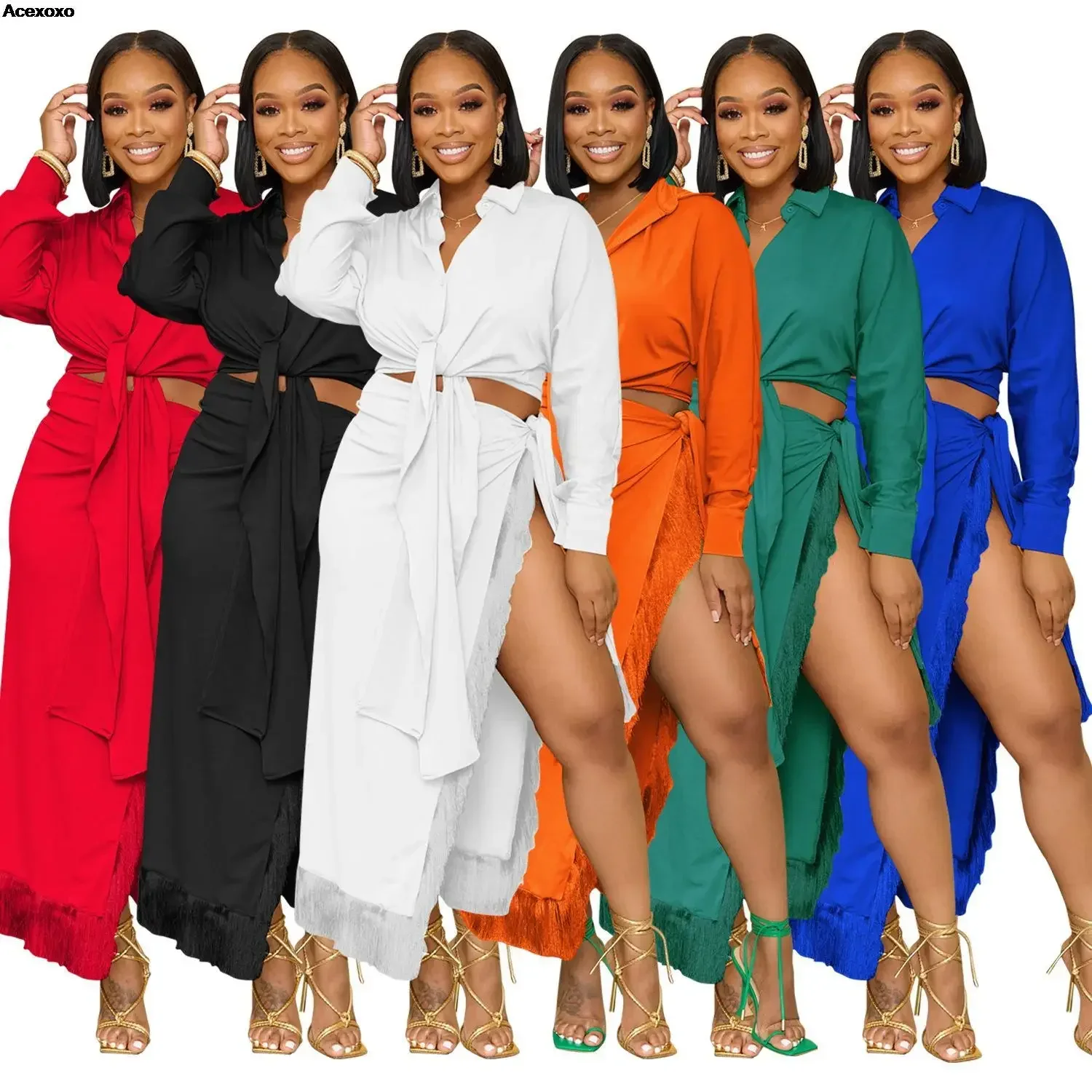

Summer new women's fashion casual shirt waist slit skirt two-piece set
