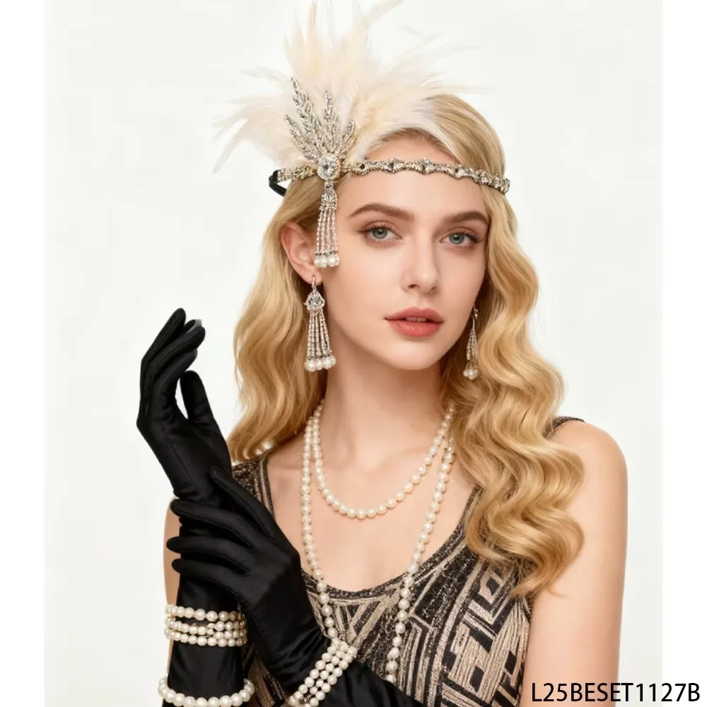 

PESENAR Vintage Champagne Feather Set Diamond Headband Pearl Jewelry Gloves Elegant Gorgeous Vintage Party Outfit