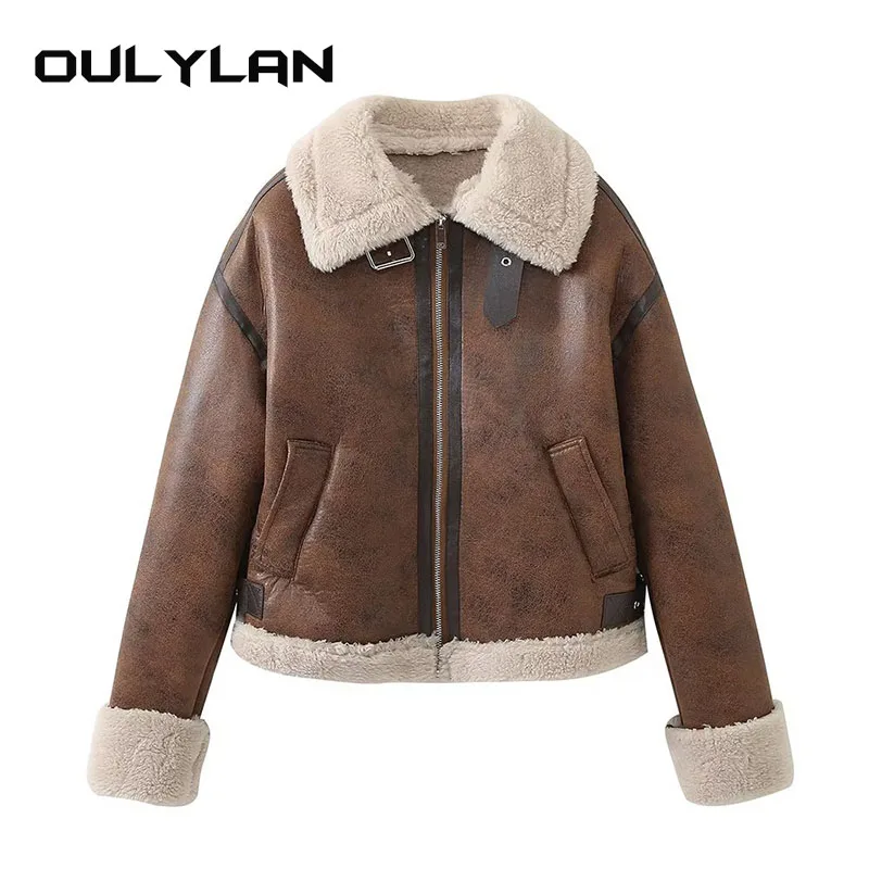 2024 Autumn New Product Women's Casual Loose Jacket Ladies Brown Collar Zipper Integrated Jackets Autumn Winter Warm Coats