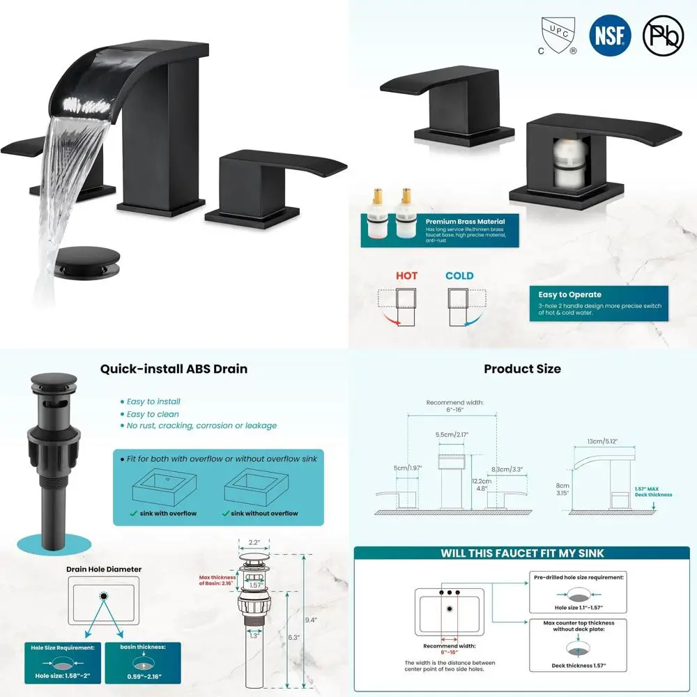

8 Widespread Matte Black Bathroom Faucet Set with 3 Holes, 2 Handles, Pop-Up Drain & Water Supply Lines for Vanity Sinks