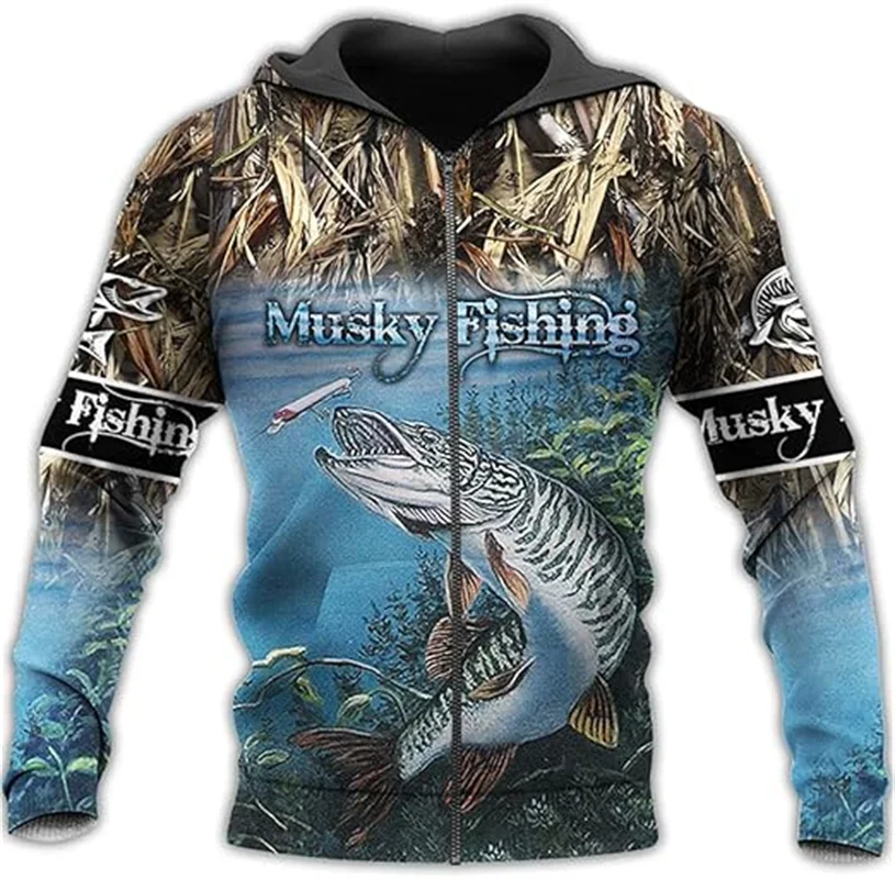 Men Zip Up Hoodie Carp Fishing Graphic Clothing Sweatshirt Casual Oversize Hoodies 3D Walleye Pike Fly Fish Printed Hooded Tops