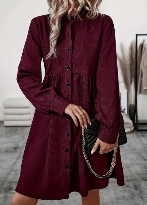 

Women's Dress Spring and Autumn Classic Elegant Casual Solid Color Corduroy Fabric Button Front Loose Long Sleeve Dress