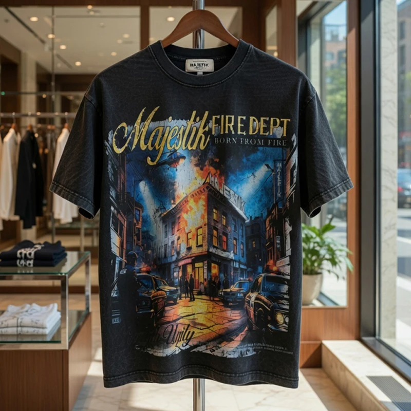 New Trend Majestik T-shirt Fire City Pattern Rhinestone Short Sleeve American Summer Men's MAJESTIK  T shirts
