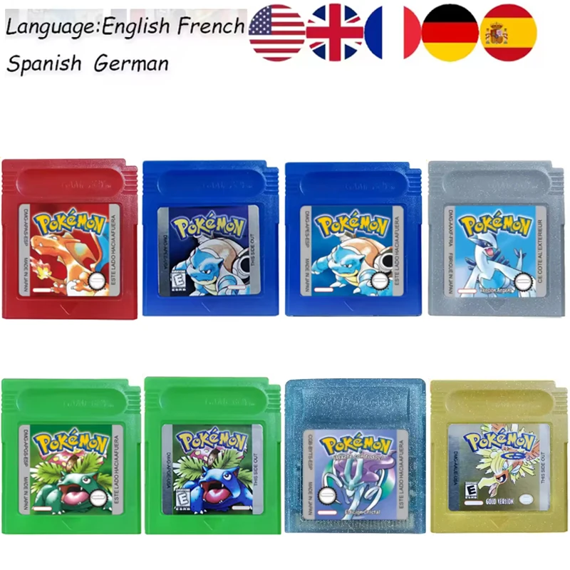 Venta al por Mayor*^*22 Estilos Pokémon Cartucho de Juego GBC de 16 Bits Rojo Azul Verde Dorado Plateado Cristal Versión Francesa/Española/Alemán/Inglés