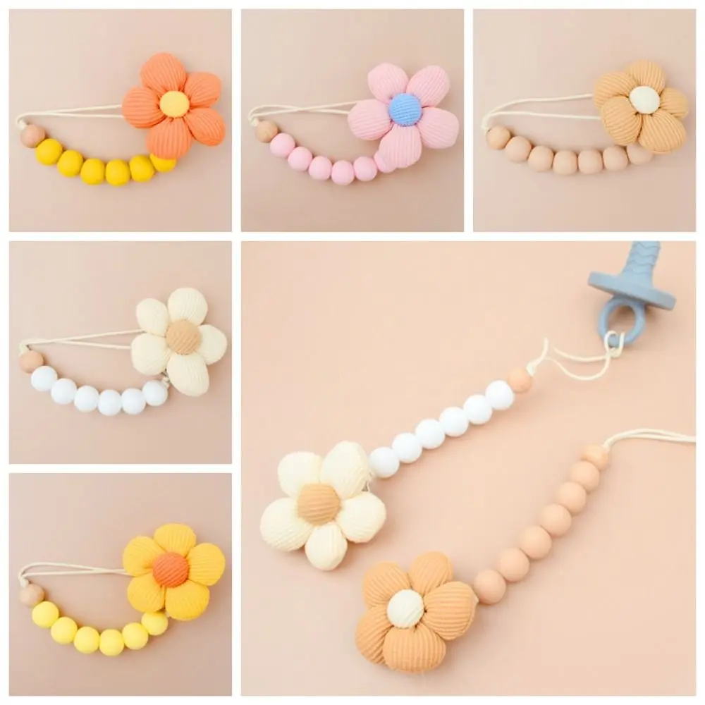 Cartoon Flower Baby Pacifier Chain Adjustable Silicone Bead Nipple Holder Clips Teether Toys Straps Wood Soother Holder Baby