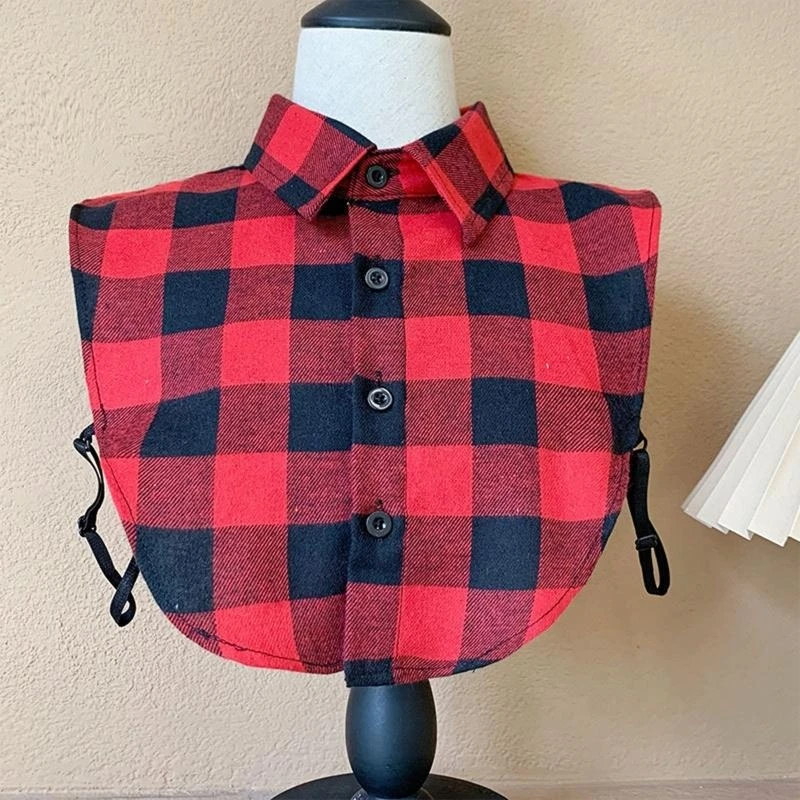 Mens Vintage Large Lattice Plaid Print False Collar Detachable Dickey Lapel Blouse Button Down Business Casual Layering Half