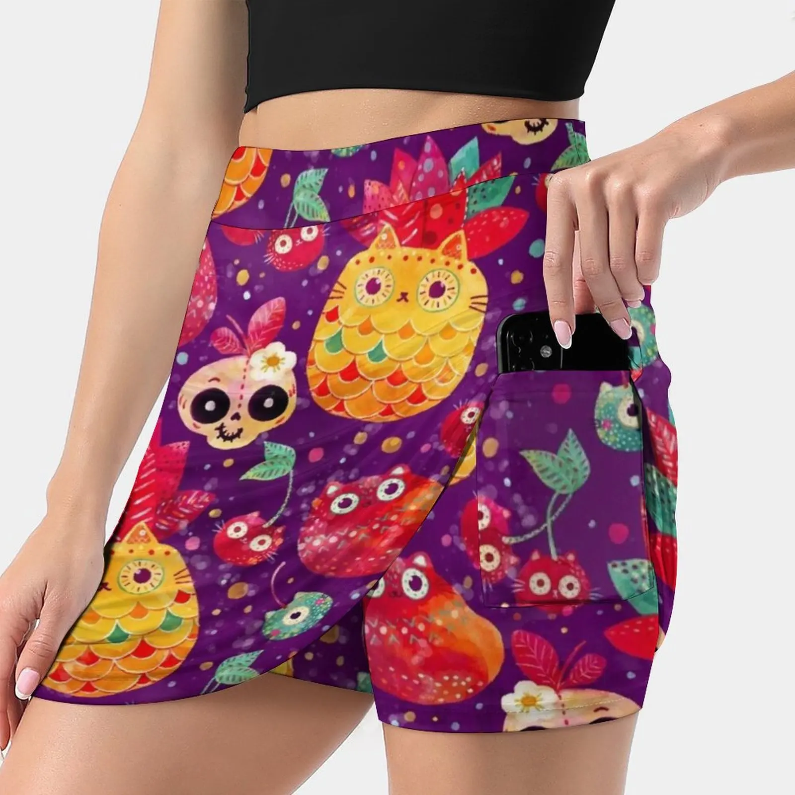 Mexican Tutti Frutti Women's skirt With Hide Pocket Tennis Skirt Golf Skirts Badminton Skirts Running skirts Cat Cats Pattern