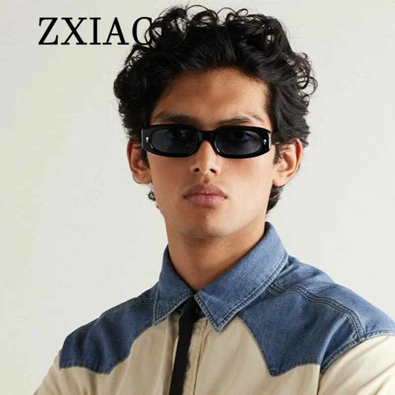 ZXIAC Trendy Narrow Frame Rectangular Sun Glasses Men Rivet Decorated Sunglasses Women Fashion Retro Casual Driving Shades UV400