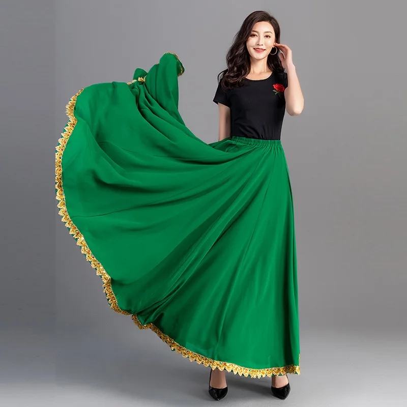 720 Degrees Chiffon Skirts Ballet Belly Dance Glitter Gold Color Splicing Skirts Tibetan Large Swing Half Length Dance Dress