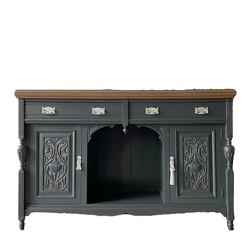 

ls 42Nordic French retro old solid wood dining side cabinet antique European carved door cabinet