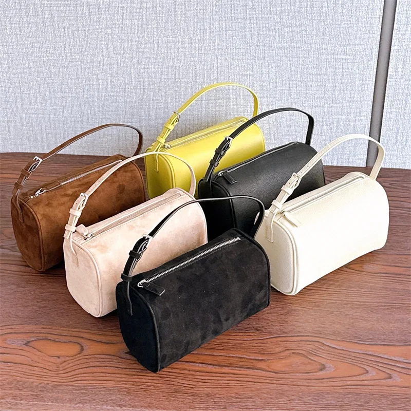 Small niche design suede handbag, top layer genuine leather bag, mini handheld square pencil case bag