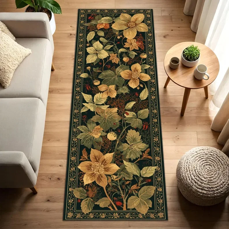 Plants Flowers Runner Rug Sofa Bedside Living Room Corridor Long Strip Floor Mat Retro Bohemian Style Decorative Carpet