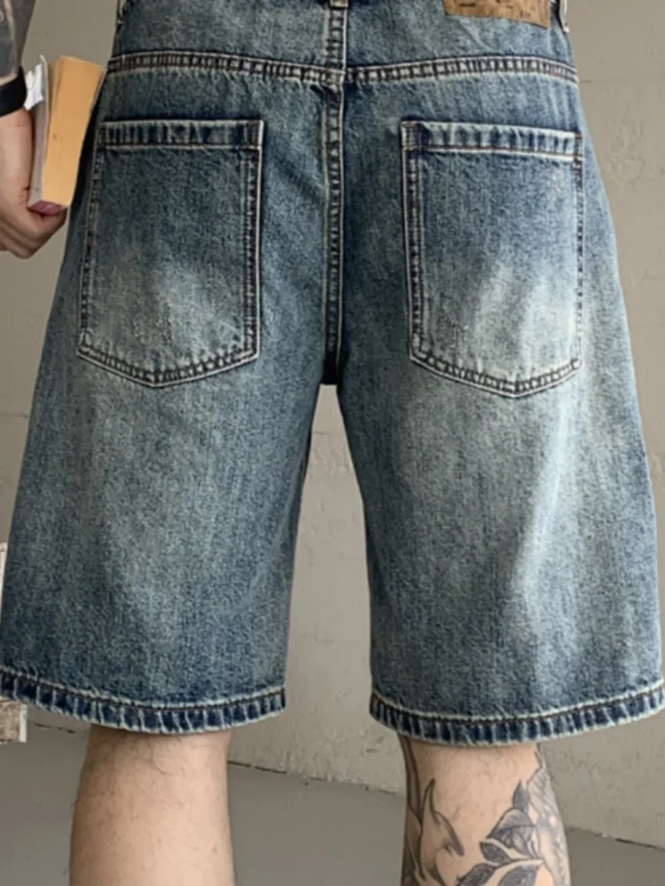 Leisure Fashion Male Button Loose Pockets Distressed Denim Shorts High Street Solid Color Men Versatile Straight Short Trousers