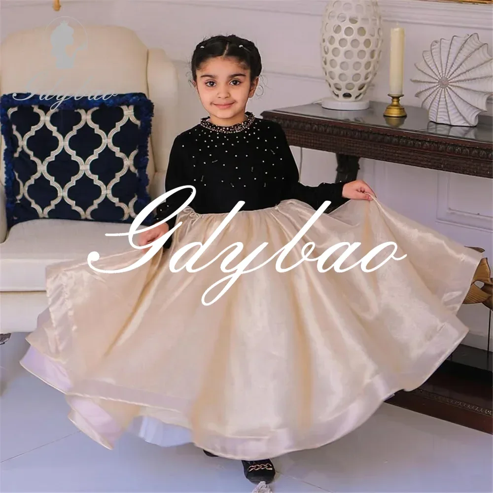 Crystals Simple High Neck Long Sleeve A Line Long Ball Flower Girl Dress Ankle Length Formal First Communion Gown Customized