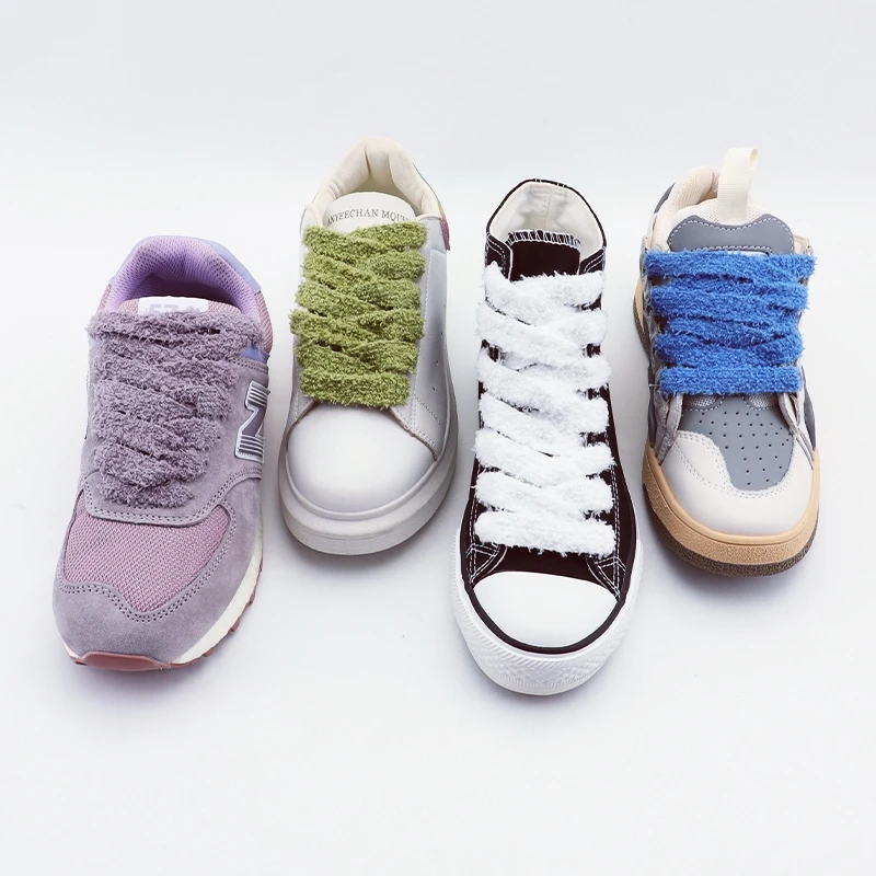 1Pair Flat Shoelace Fluffy Shoelaces 1.5cm Width Plush Rope Shoe Laces 100/120/140/160CM for Woman Man Shoes Accessories Fashion