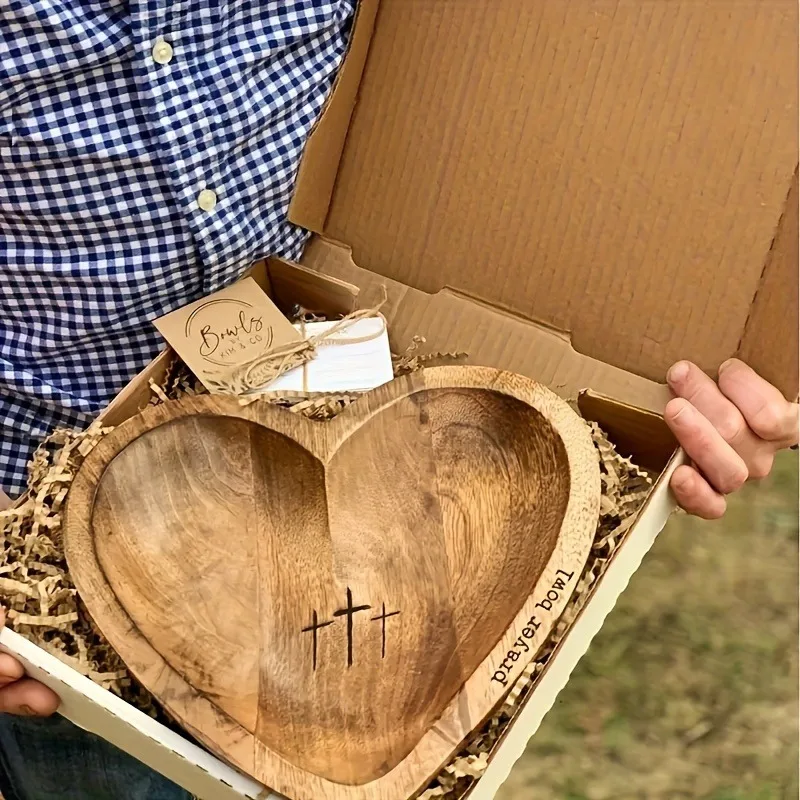 

Rustic Wooden Heart-Shaped Prayer Bowl with Elegant Cross Carving and "Prayer" Engraving