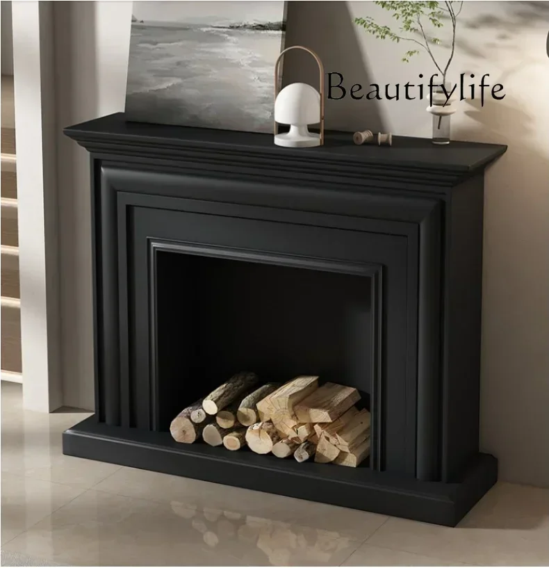 American solid wood fireplace decoration Italian solid wood black fireplace rack Home living room white shelf