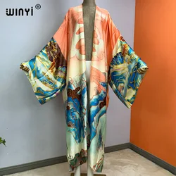 WINYI-cárdigan con estampado para mujer, vestido largo holgado, elegante, bohemio, para fiesta, playa, vacaciones, natación, kimono