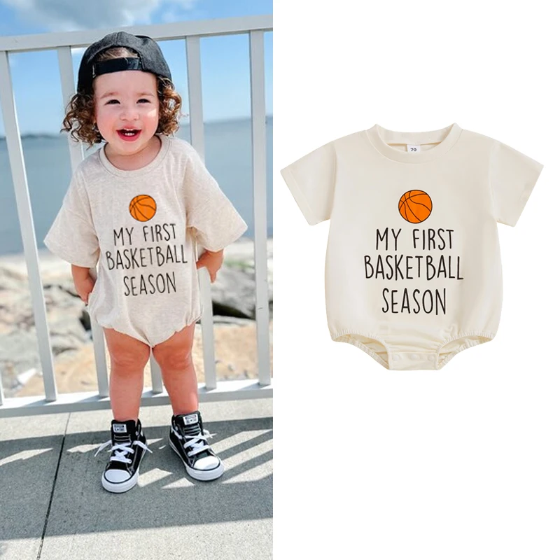 FOCUSNORM 0-18M Summer Lovely Baby Boys Girls Romper Letter Basketball Print Short Sleeve Round Neck Jumpsuit