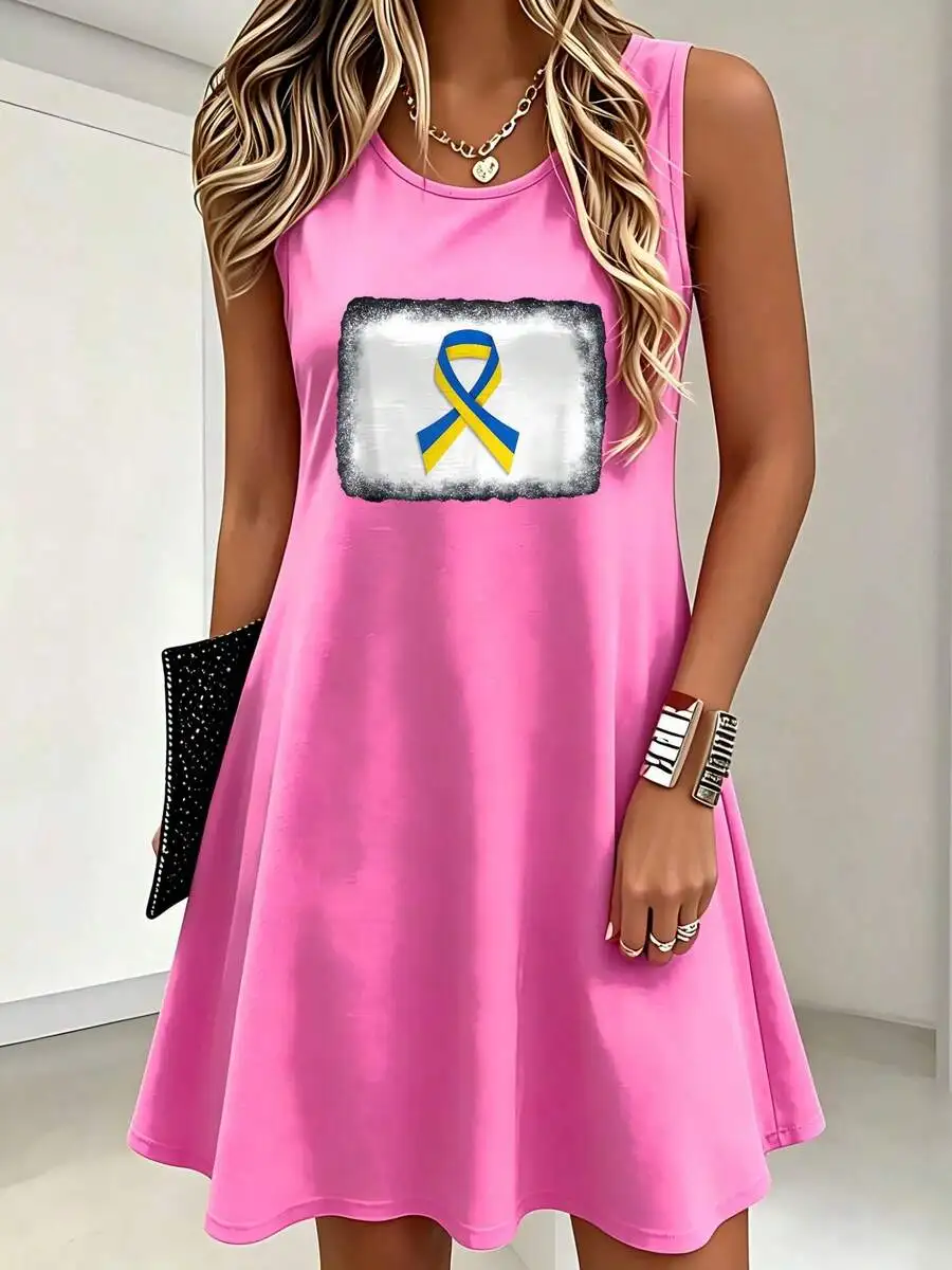 Plus Size Women's Summer Sleeveless Dress- Ukrainian Bow Tie  Print, Round Neck Casual Long Dress, Machine Washable Suitable