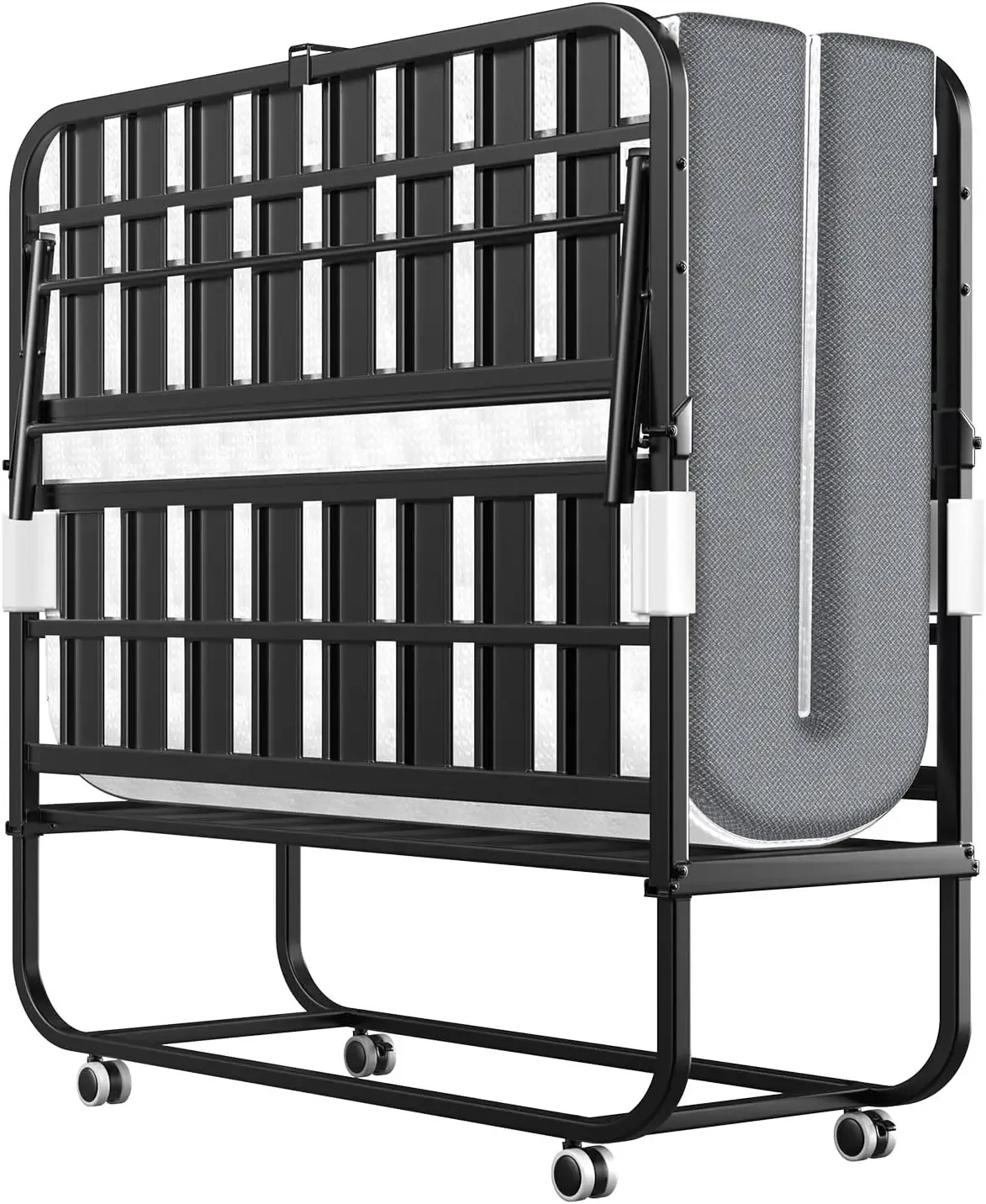 Folding Bed with Memory Mattress, Twin Portable Roll Away Guest Bed with Wheels, Widened Grid Support Frame, Space-Saving