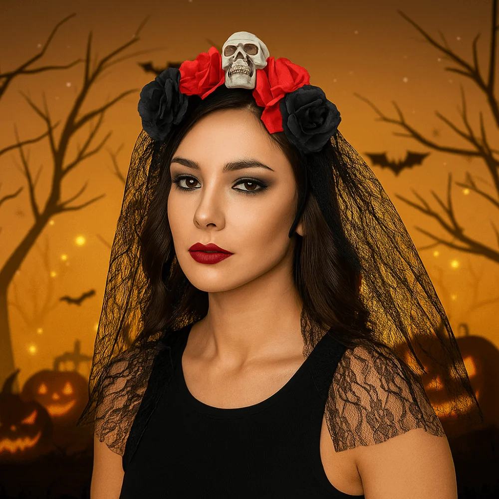 

Cool Black Rose Skull Hair Band Lace Gothic Halloween Headband Artificial Rose Garland Cosplay Headdress Bride