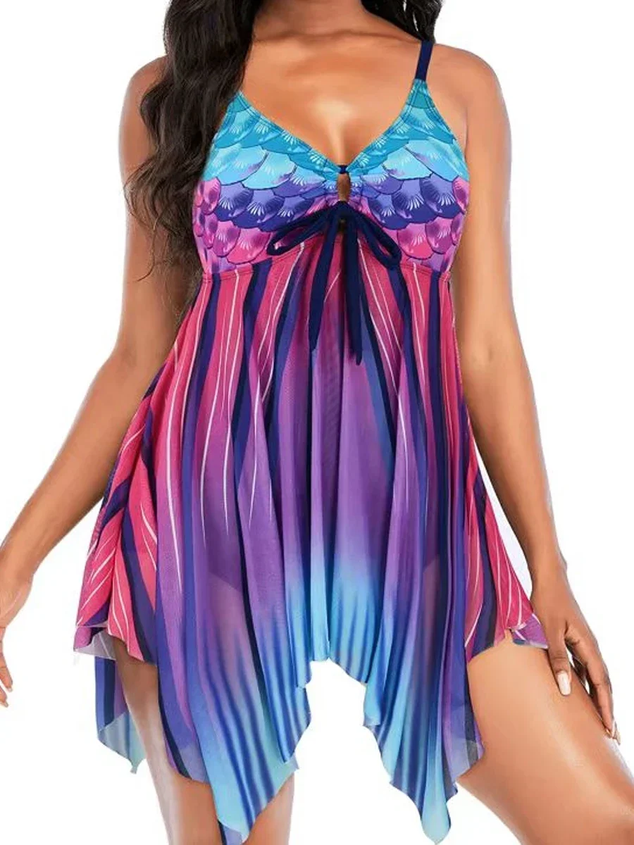 Traje de baño estampado de 2 piezas para mujer, Vestido de playa acolchado con pantalones cortos de natación, bañadores femeninos de verano, conjuntos de Tankini deportivos 2023