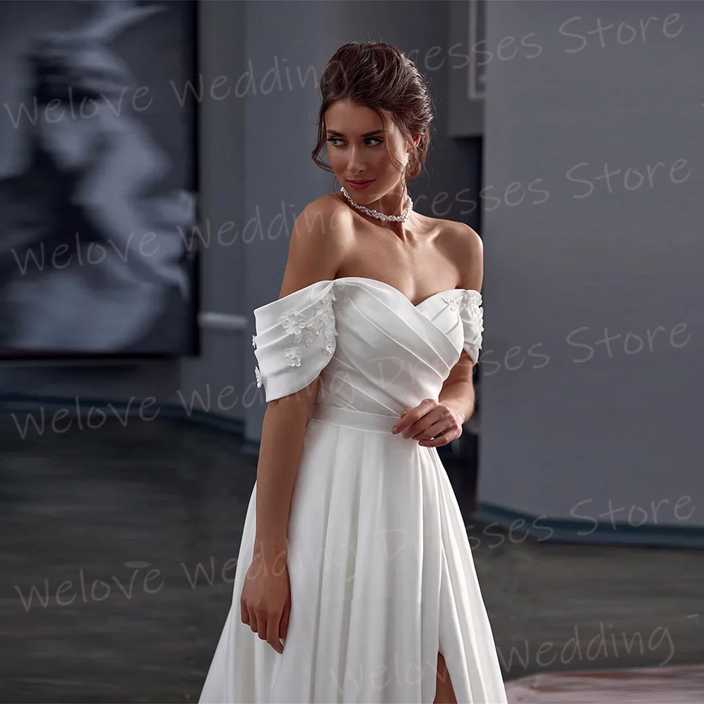

Elegant A Line Women's Wedding Dresses Off The Shoulder Vestidos De Novias De Boda Customized Bride Gowns Slit Flowers Vestidos