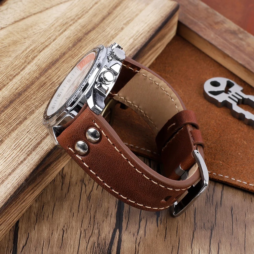 Retro Cowhide Watch Strap 20mm 22mm Brown Coffee Genuine Leather Rivet Watch Band Replacement Belt for Men Women