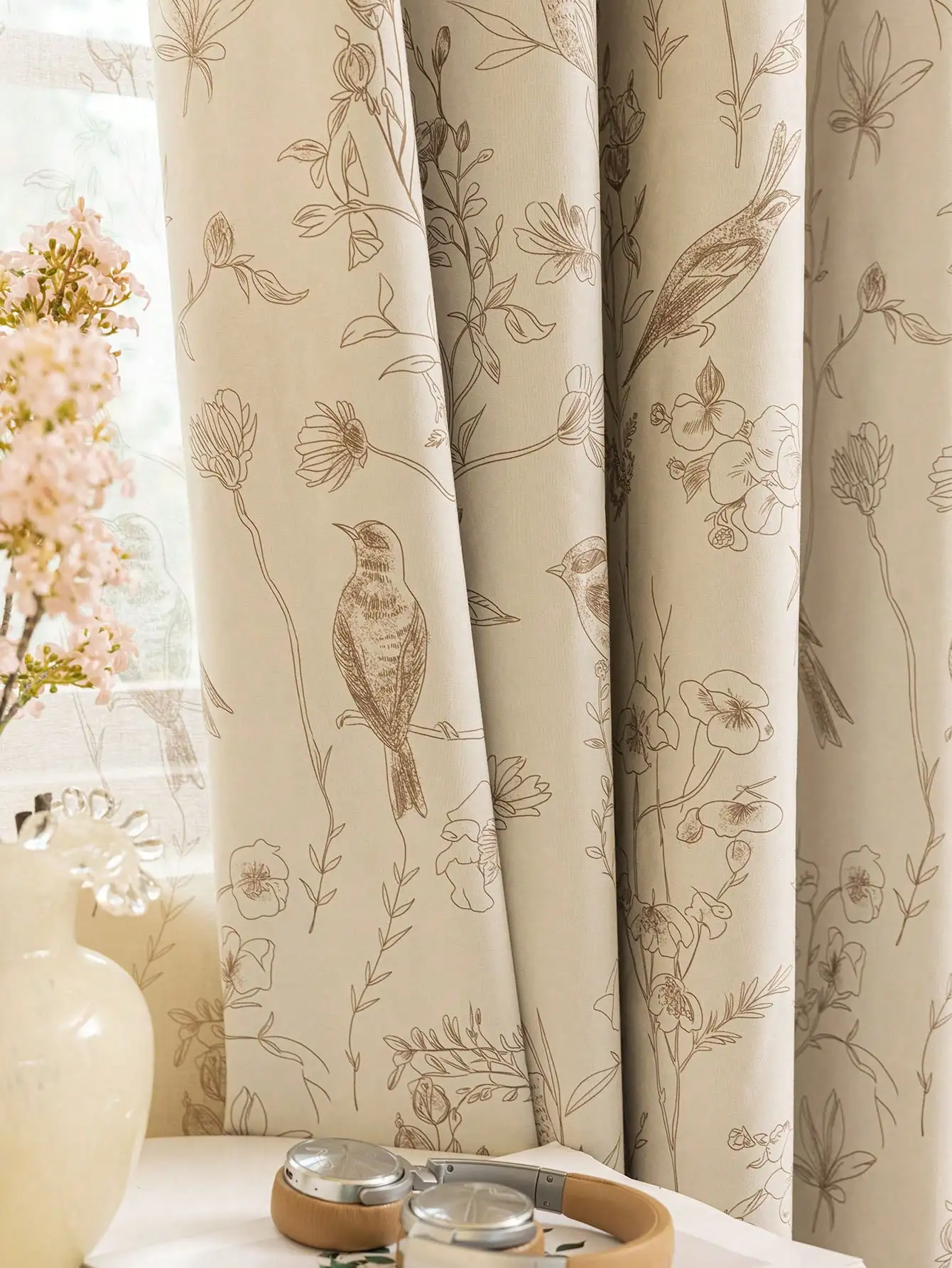1PC Natural Pigeon Branch Bud Flower Elegant Living Room Curtain Unique Bird Theme Decorative Window Treatment
