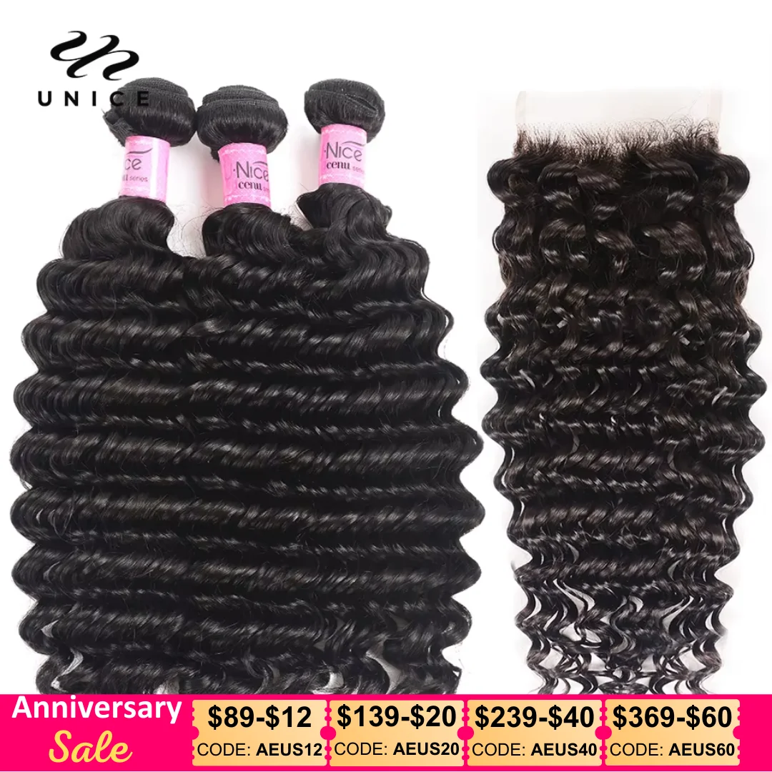 Unice Hair Deep Wave 3/4 PCS Human Hair Bundles With 5x5 HD Lace Closure Can Make 250% Density 5x5 HD Lace Closure Wig