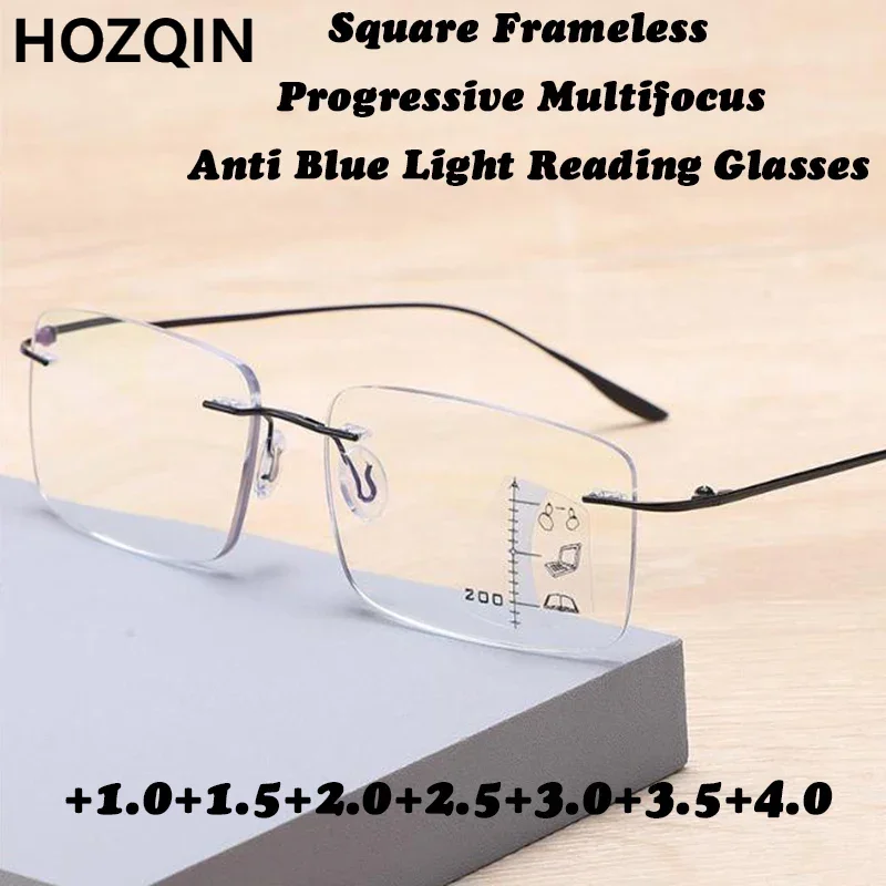 

2024 Frameless Progressive Multifocus Men Women Reading Glasses Anti Blue Light Presbyopic Glasses Readers Far and Near Dual-use