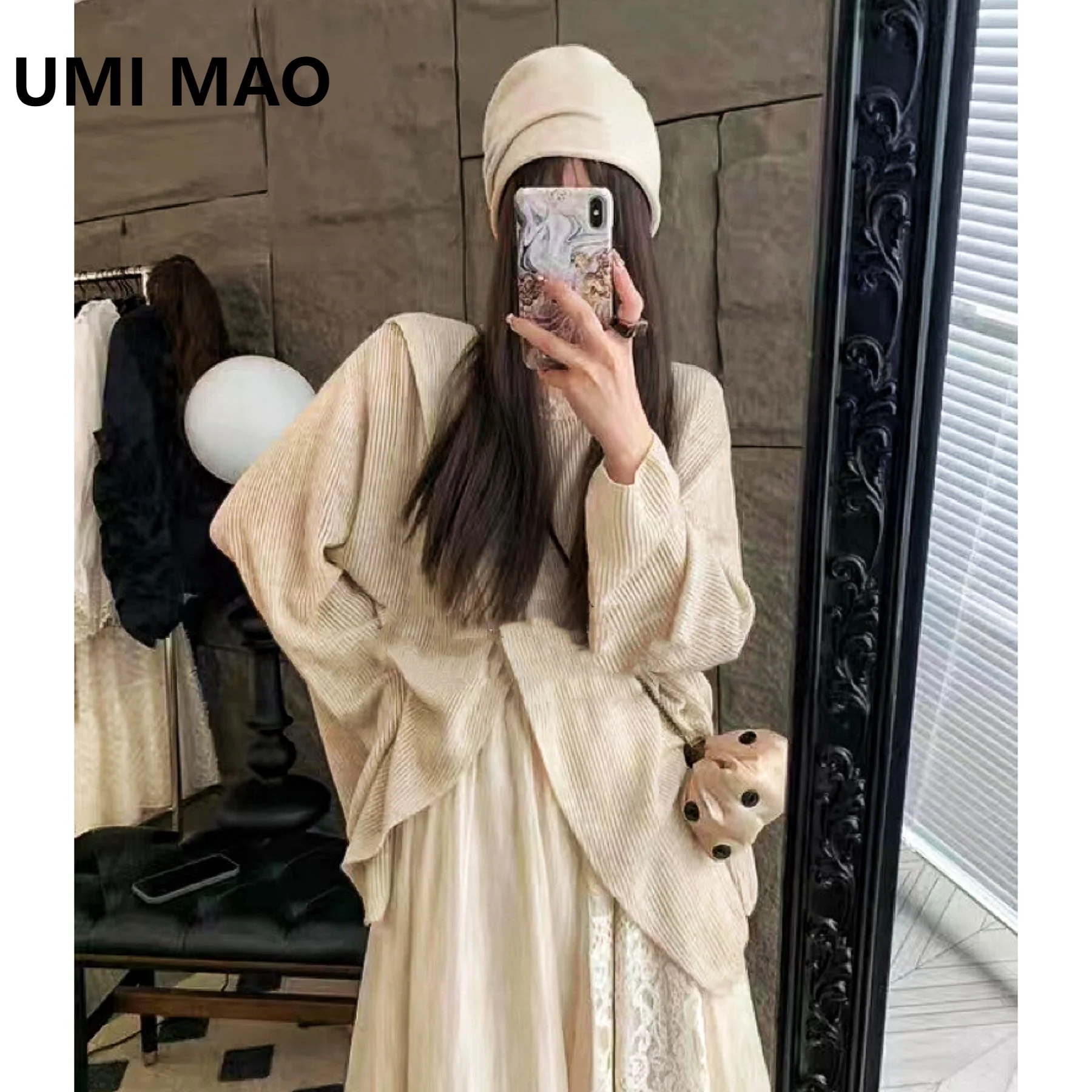 UMI MAO Crochet Top Micro Transparent Cross Layered Fine Wool Knitted Sweater Loose Slimming Long Sleeved T-shirt Femme