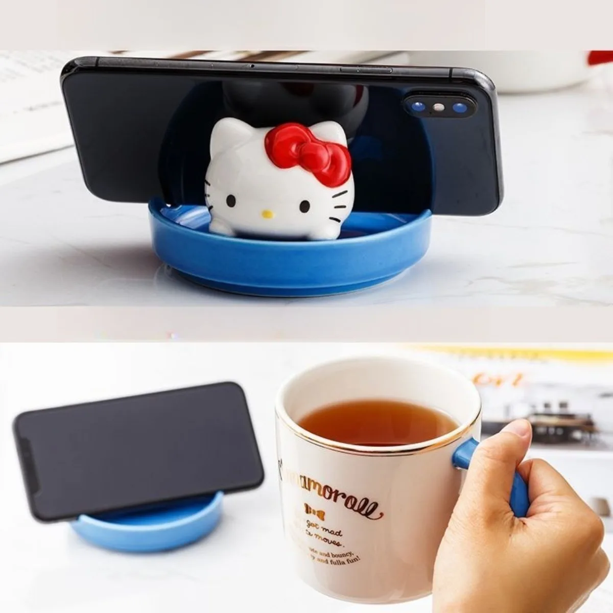 Anime Hello Kitty Cinnamoroll My Melody Ceramic Cup with Lid Phone Holder Cute Water Mug Practical Gift Cartoon Kawaii Lovely
