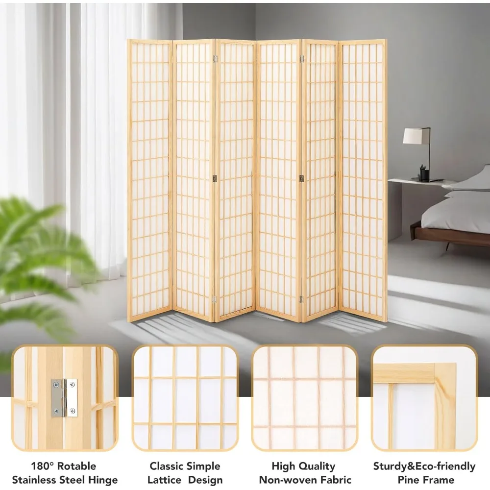 شاشة شوجي لمقسم الغرفة، 6 ألواح شاشة خصوصية قابلة للطي لفصل الغرفة، مقسم غرفة خشبية يابانية، 5.9 قدم