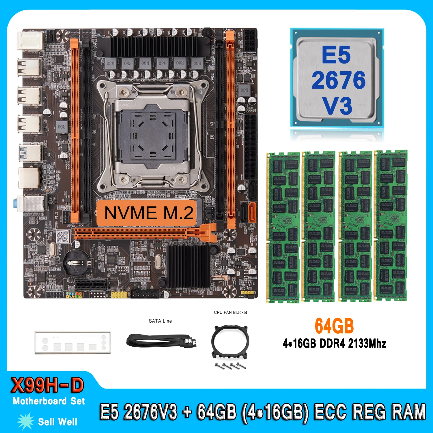 X99 Motherboard with Combo Kit XEON E5 2676 V3 64GB (4*16GB) 2133MHz DDR4 REG ECC Memory NVME M.2 USB 3.0 E5 2676V3 Motherboard