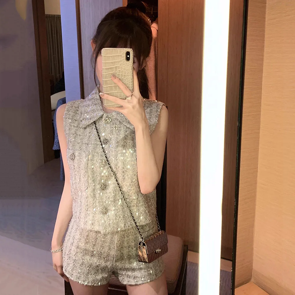 Korean Elegant Small Fragrance Wind 2 Piece Suit Women Outfit Laper Vest Tops + Short Set Summer Sweet Tweed Two Piece Pant Sets