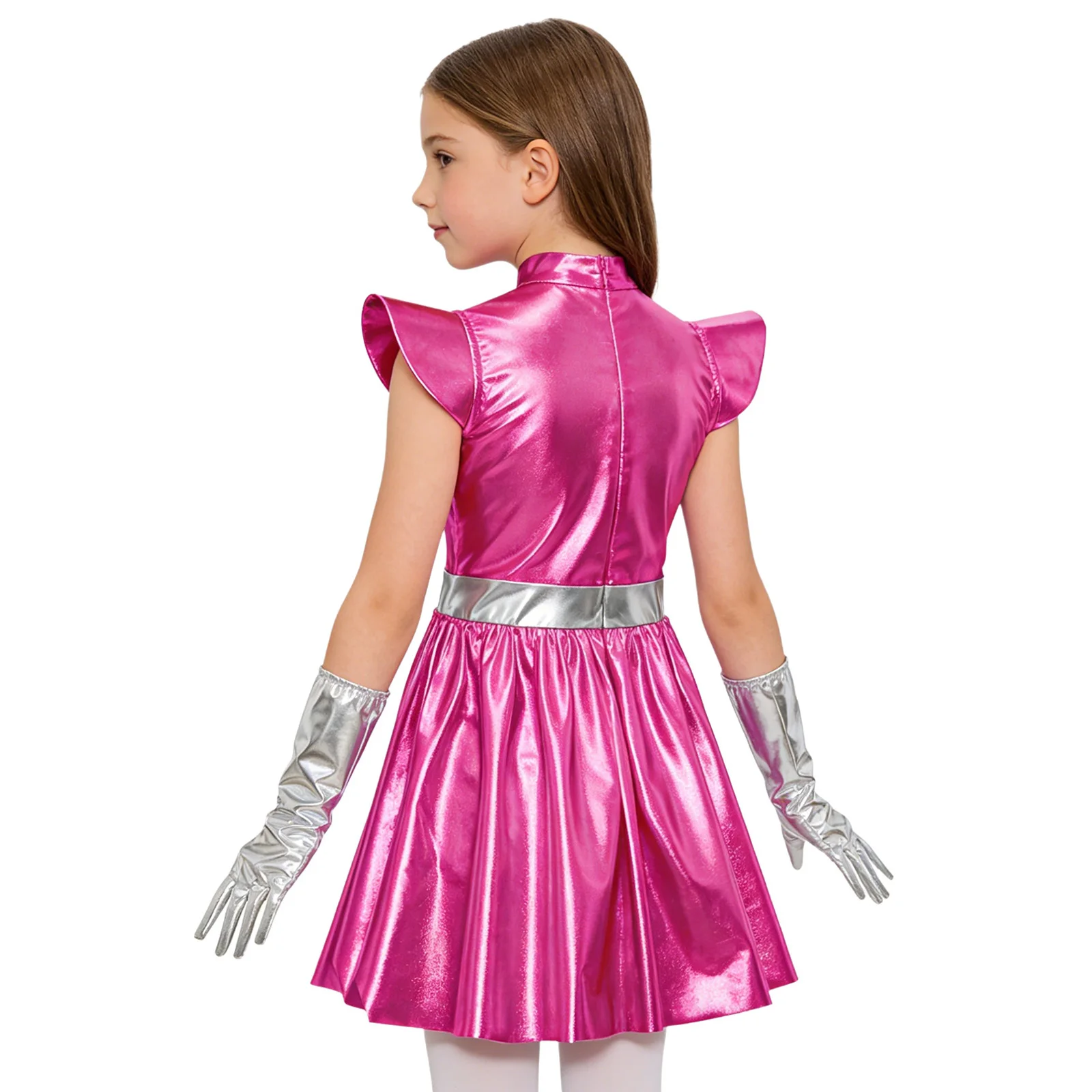 Kids Girls Alien Robot Costume Halloween Outers Pace Party Cosplay Dress Up Hollow Out Flying Sleeve Metallic Dress with Gloves