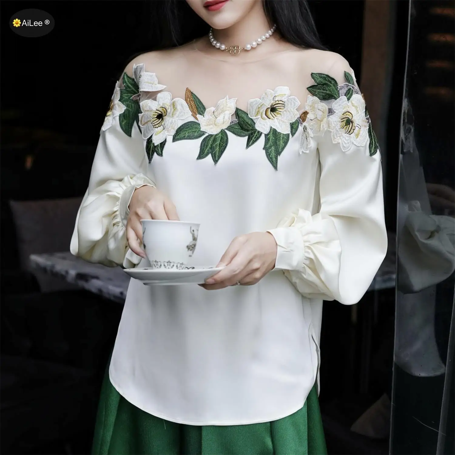 Chic Fashion Women Tops 3D Floral Patchwork Splice Long Lantern Sleeve Lace Female Blouse Lace Banquet Party Dating Shirts