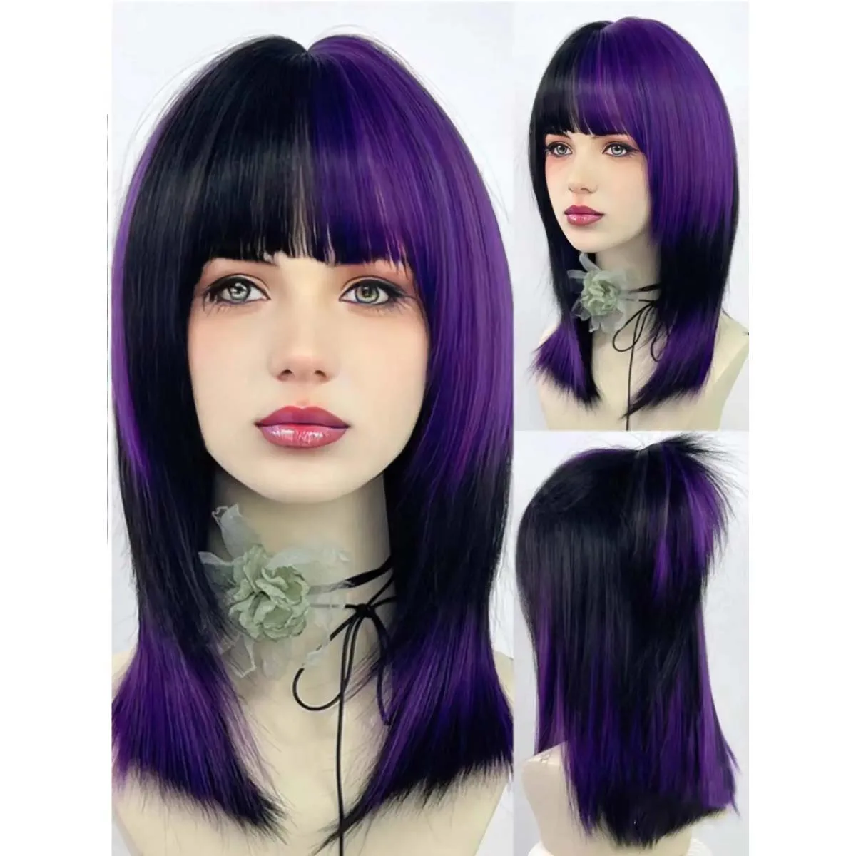 Women Cosplay Props Straight Green Black Layered Mix Wig For Daily Party